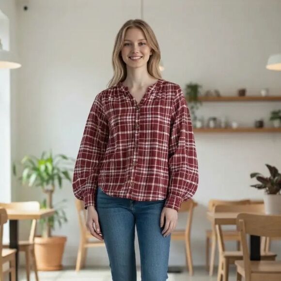 Andree By Unit Flannel Shirt Women's Small Burgundy White Plaid Wide Sleeve - Picture 1 of 16